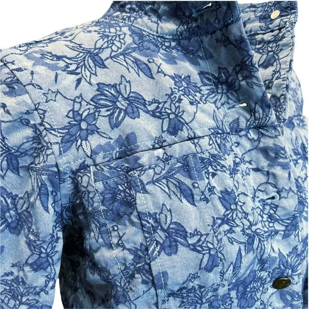 Kim Rogers Blue Floral Quilted Jacquard Button-Front Jacket Sz PM Cotton Blend - Picture 8 of 14